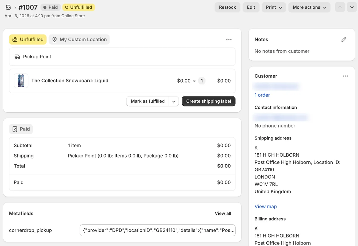 Shopify admin order with delivery method 'Pickup Point'. The shipping address is the pickup location, Post Office High Holborn, with the carrier's location ID, and a cornerdrop_pickup metafield records the carrier and location.