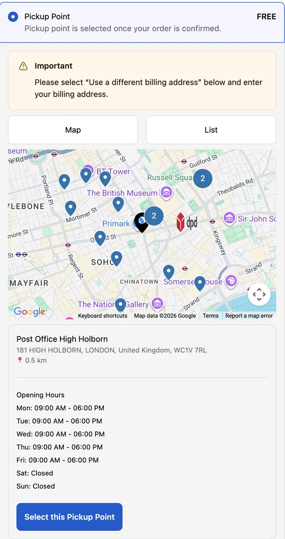 Shopify checkout with 'Pickup Point' selected as the shipping method, showing a map of pickup points in central London, the selected point (Post Office High Holborn, 0.5 km away) with its opening hours, and a 'Select this Pickup Point' button.