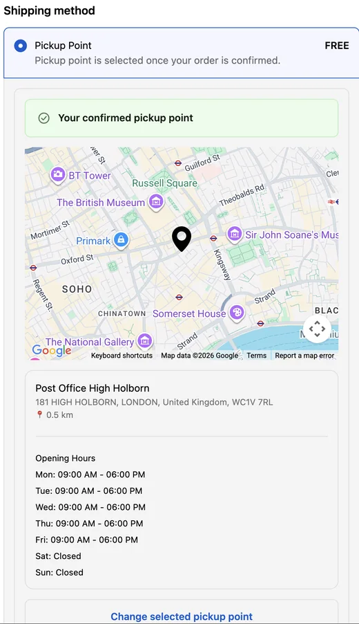 Checkout showing 'Your confirmed pickup point': a map pin in central London and the details of Post Office High Holborn, 181 High Holborn, WC1V 7RL, with opening hours.